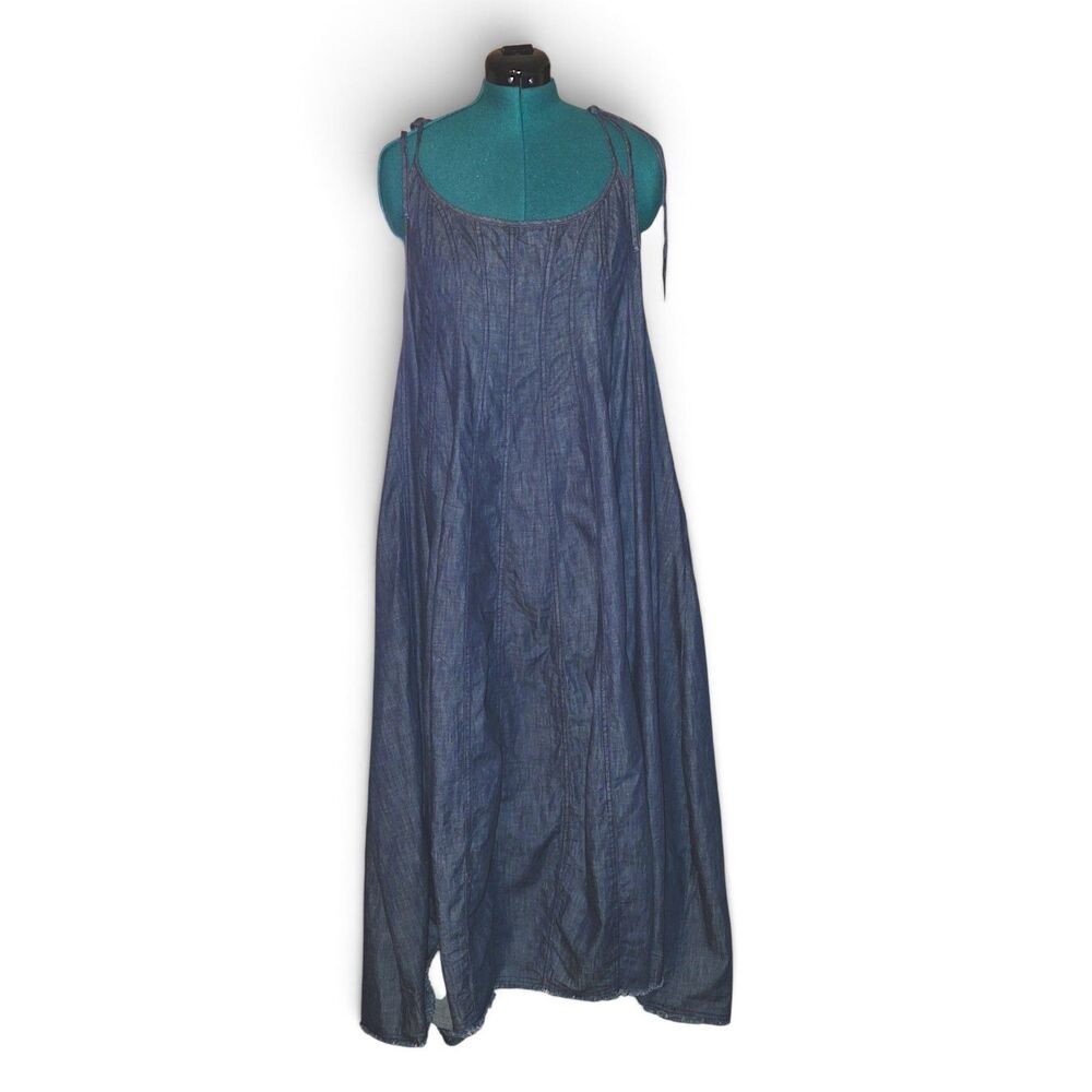 Free People Denim Dreams Denim Chambray Tie Shoulder Seamed Midi Sundress XL - Picture 2 of 8